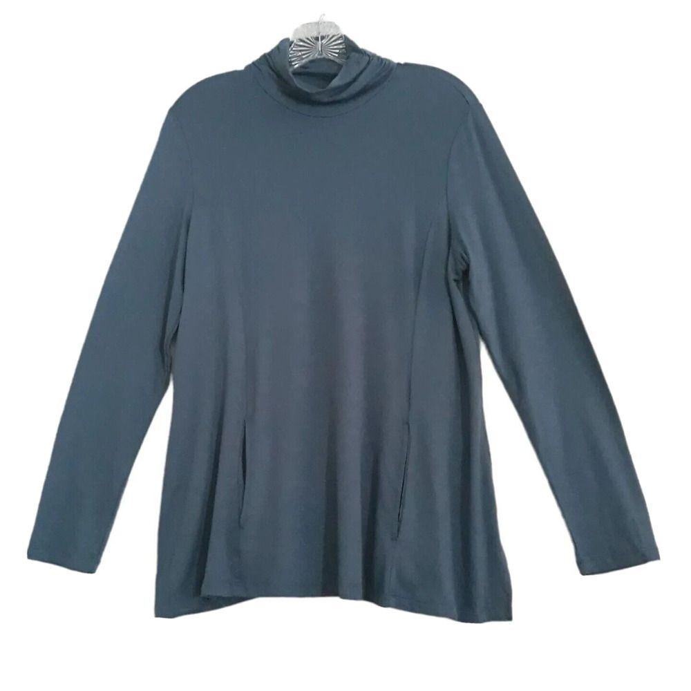 Susan Grave Turtleneck Womens Med Petite Blue Kangaroo Pocket Ruffled Neck